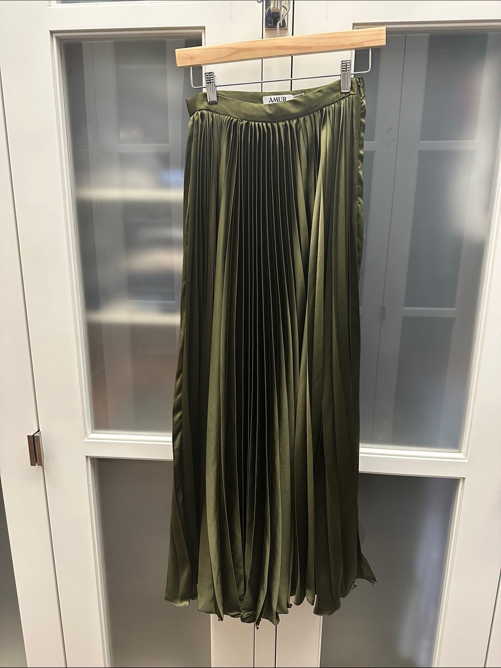 AMUR Olive Green Pleated Satin Maxi Skirt